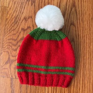 Christmas Handmade Knit Baby Hat with Pom Poms, Red Chunky Beanie (3-6 Months)